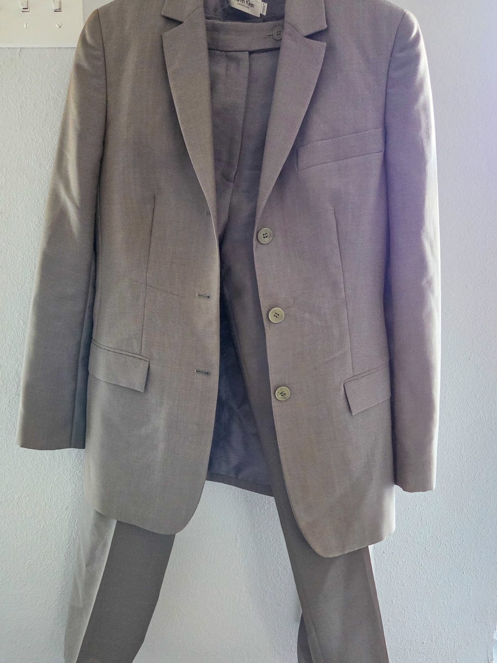 Vintage 90s Calvin Klein Collection Taupe 2-Piece Wool Pantsuit Blazer & Trouser